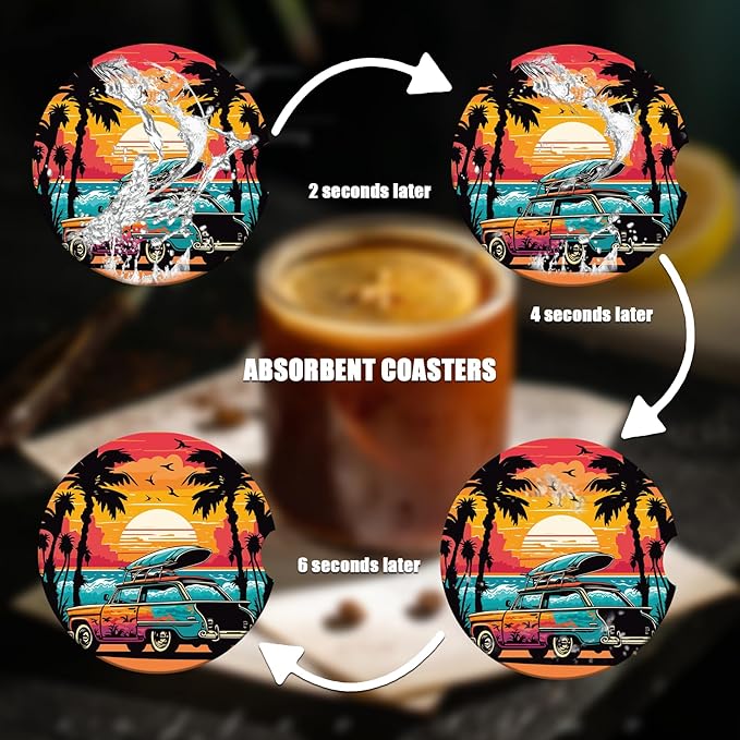 Car Cup Holder Coaster - Sunset Palm Tree Scenery Travel Absorbent Ceramic Coaster, Travel Drink Cup Holder Coasters, Auto Interior Accessories, Drink Cup Holder Coasters for Women & Men Pack of 2