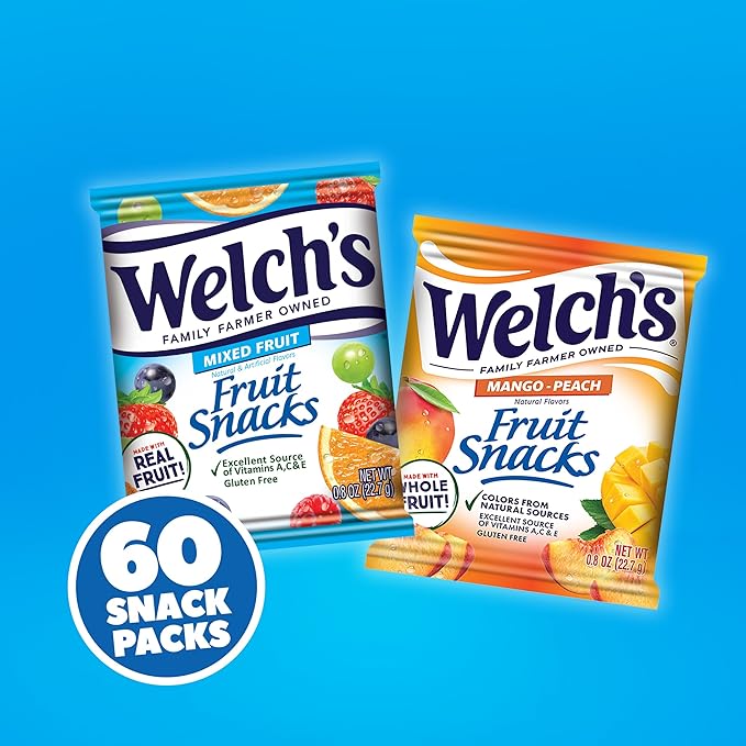 Welch's Fruit Snacks, Mixed Fruit & Mango Peach Snack Box, Gluten Free, 0.8oz Snack Packs (Pack of 60)