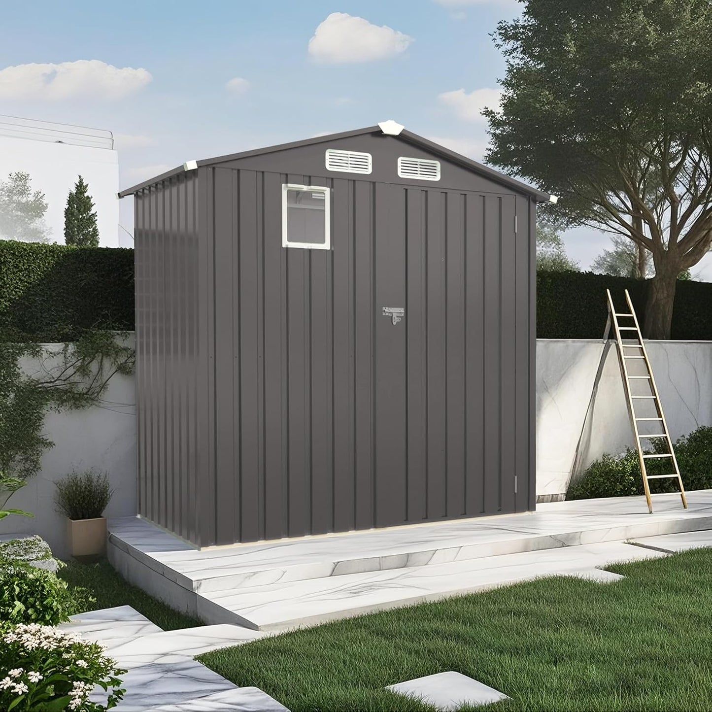 ARMSET 6x3.5 FT Metal Outdoor Storage Shed for Patio & Backyard - Waterproof Small Shed, Lockable Tool Shed with Clear Window, Galvanized Steel Garden Storage Cabinet for Tools and Bikes
