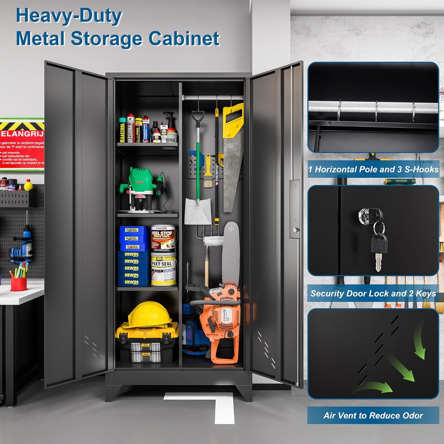 61" H Metal Storage Cabinet, Storage Shed with Shelves for Brooms and mops, Cleaning Supplies Closet with Removable Pegboard for Outdoor, Garage, Utility Room