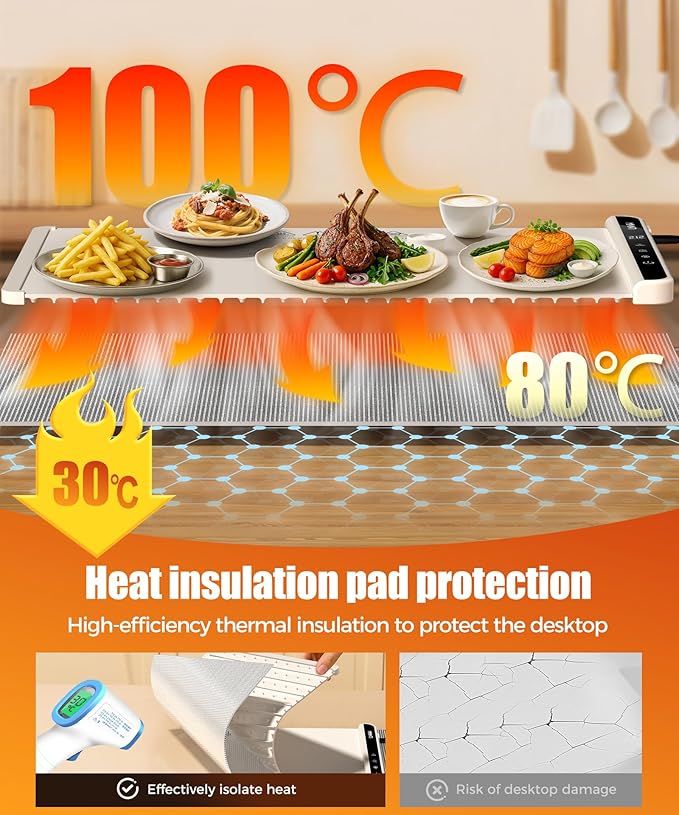 Food Warming Mat with Heat-Resistant Pad, 26X15 Inch, 6 Temperature & 6 Timer Settings, Child Lock Safety, Electric Warming Tray for Gatherings,Parties,Everyday Use