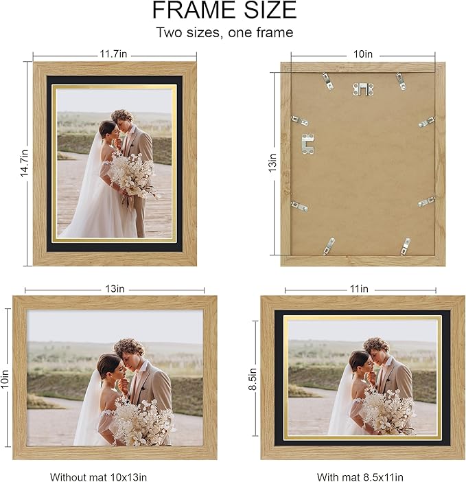 10x13 Picture Frame Set of 4, Made of Real Glass and Natural Oak Frame, 10 by 13 Photo for Wall or Tabletop - Display Picture 8.5x10 with Mat or 10x13 Without Mat