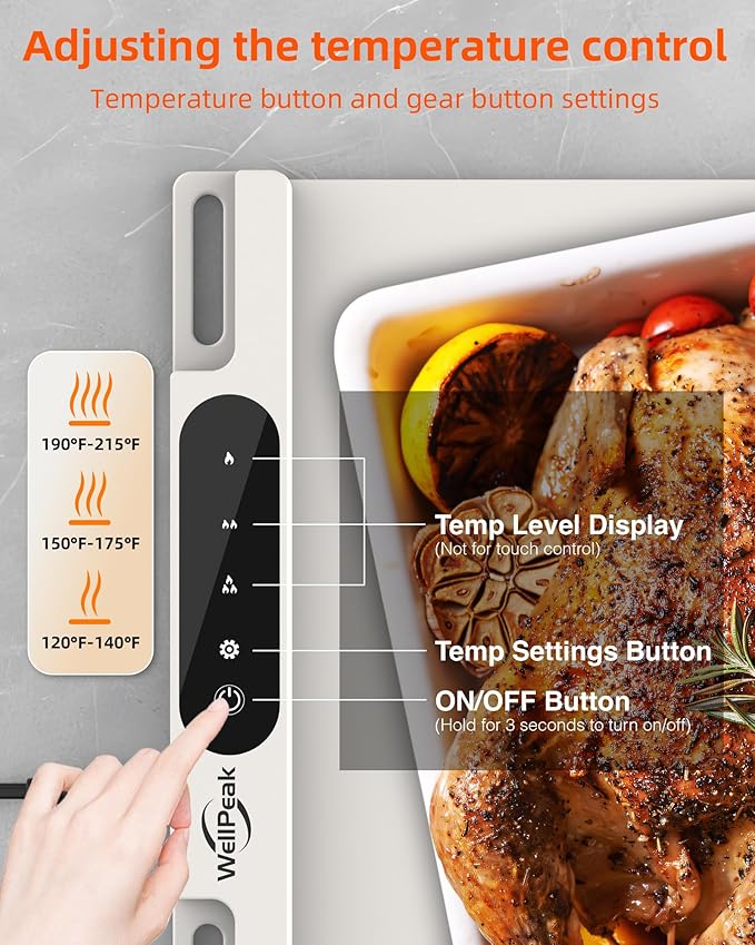 Electric Warming Mat for Food - Full Surface Fast Heating Silicone Tray with 3-Level Temperature, Auto-Off, Raised Feet for Table Protection, Versatile Warmer for Gatherings Parties Buffets, White