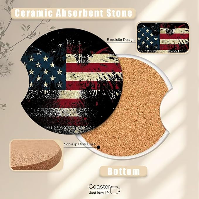2 Pack Eagle American Flag Car Coasters for Cup Holders, USA Flag Ceramic Car Cup Holder Coaster for Car, Absorbent Car Cup Coasters with Cork Base Car Interior Accessories for Women Men
