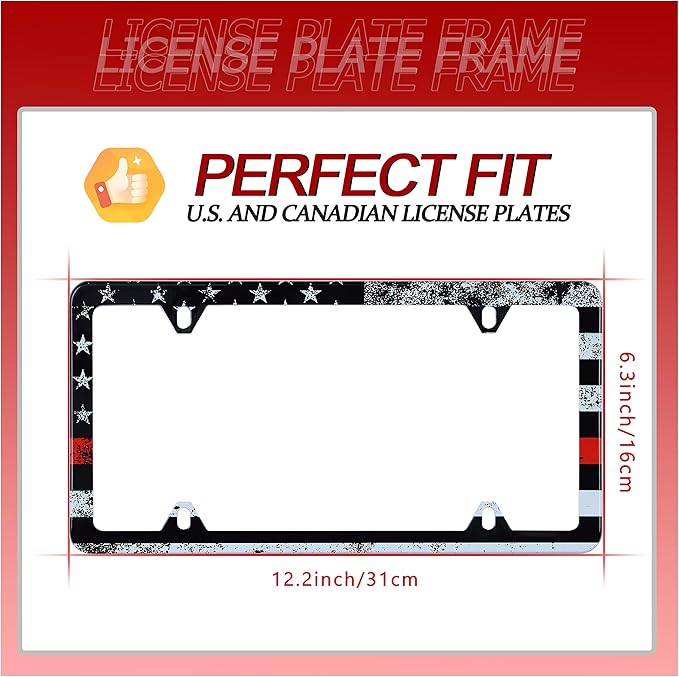 2pcs Thin Red Line American Flag License Plate Frame Firefighter License Plate Holder Retro Stainless Steel Auto Parts Decoration Fits U.S. Canadian Standard 4 Hole for Men Women