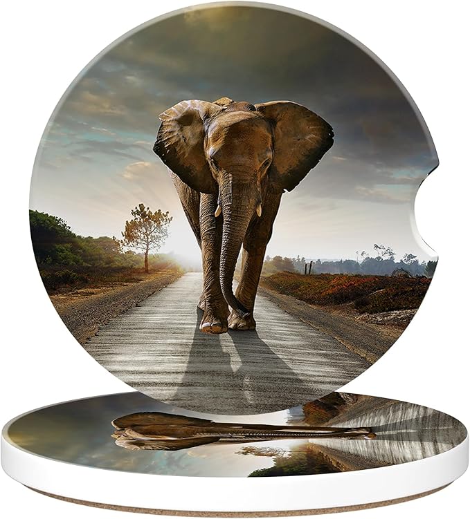 Walking Elephant Car Cup Holder Coaster, Car Coasters for Cup Holder, 2 Pack Natural Animal Landscapes Anti-Slip Absorbent Ceramic Car Cup Coasters for Women Men with Finger Notch Cork Base 2.56"