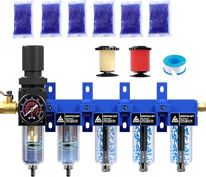 1/4'' NPT 5 Stage Air Drying System,Air Dryer for Compressor,5 &0.01 Micron Filter Cartridge,Triple Desiccant Dryers & Air Regulator,Metal Bowl, Semi-Auto Drain,Industrial Grade-Blue