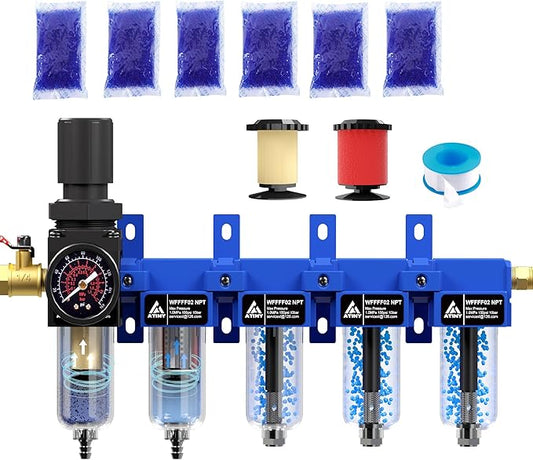 1/4'' NPT 5 Stage Air Drying System,Air Dryer for Compressor,5 &0.01 Micron Filter Cartridge,Triple Desiccant Dryers & Air Regulator,Metal Bowl, Semi-Auto Drain,Industrial Grade-Blue