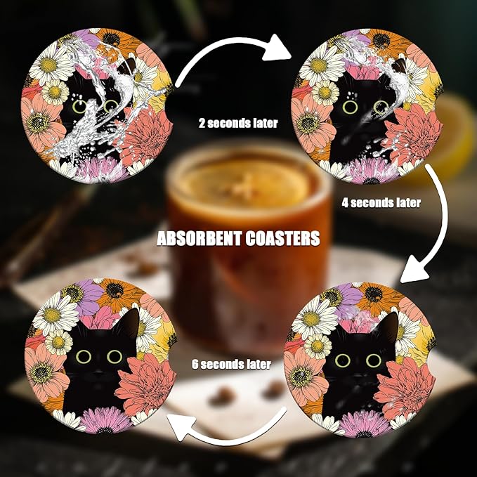 Car Cup Holder Coaster - Black Cat Flower Absorbent Ceramic Coaster 2 Pack, Car Coasters for Cup Holders, Fashion Car Interior Accessories Drink Coaster for Women & Men
