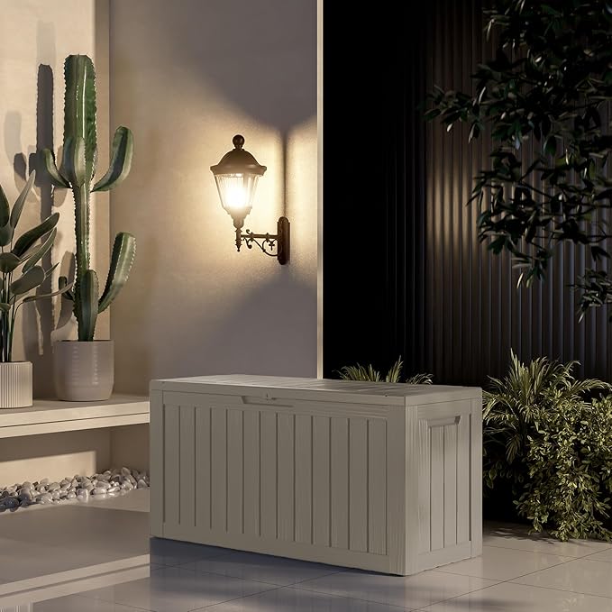 80 Gallon Resin Deck Box, Waterproof Outdoor Storage Bin for Patio Furniture, Pool Accessories, and Garden Tools, Lockable & UV-Resistant, Grey