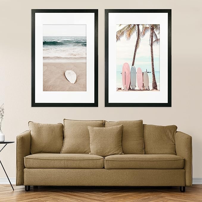 22x28 Frame Set of 2, Rustic Black Wood Style - Display 18x24 Picture Frame with Mat or 22 x 28 Poster Frame without Mat, Wall Mounting Horizontal and Vertical