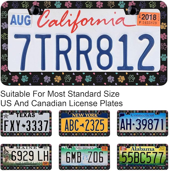 Colorful Doodle Paw Print Black Background License Plate Frames Rust-Proof Stainless Steel Screws Fasteners Included Personalized Cover for Women and Men 12.3x6.3 Inch License Plate Holder -DATANSEN