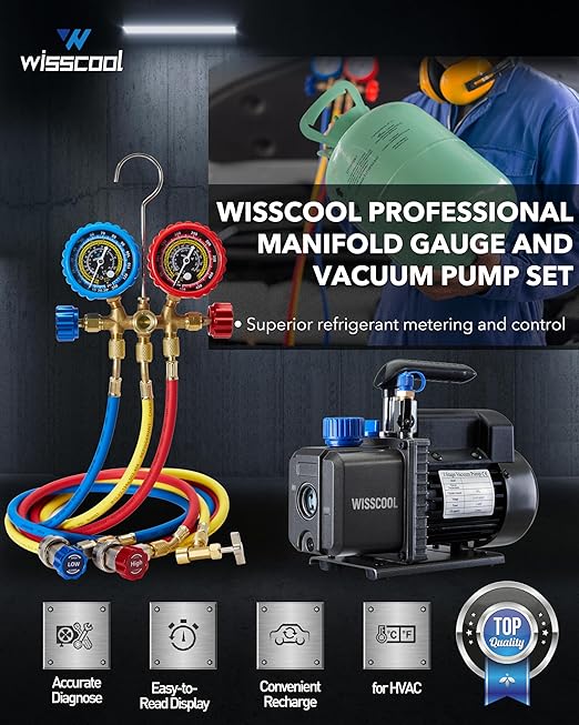 3.5CFM AC Vacuum Pump and 3 Way Gauge Set, 110V 1/4 hp HVAC Air Vacuum Pump Manifold Gauge Kit with 3 Hoses Adapters Accessories Carry Bag for R134a R12 R22 R502 Refrigeration Auto Systems