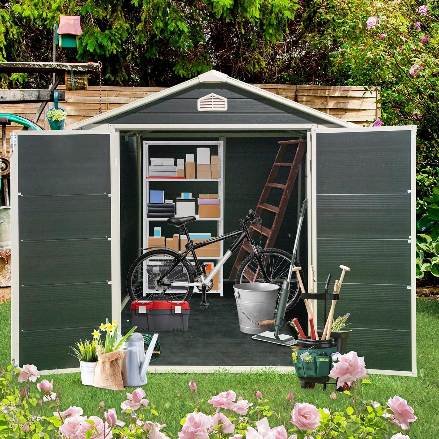 6x8 FT Outdoor Storage Resin Shed with Floor,Waterproof Plastic Garden Bike Shed with Lockable Door, Sloped Roof, Vents & Windows, Easy Assembly Tool Shed for Lawn, Backyard, Patio, Black