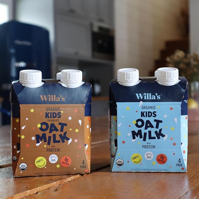 Willa's Organic Kid's Chocolate Oat Milk with 8g Protein & 240g Calcium, Plant-Based Milk for Kids, Dairy-Free, Low Sugar, 2g Fiber– 8.25 oz, 16 Pack