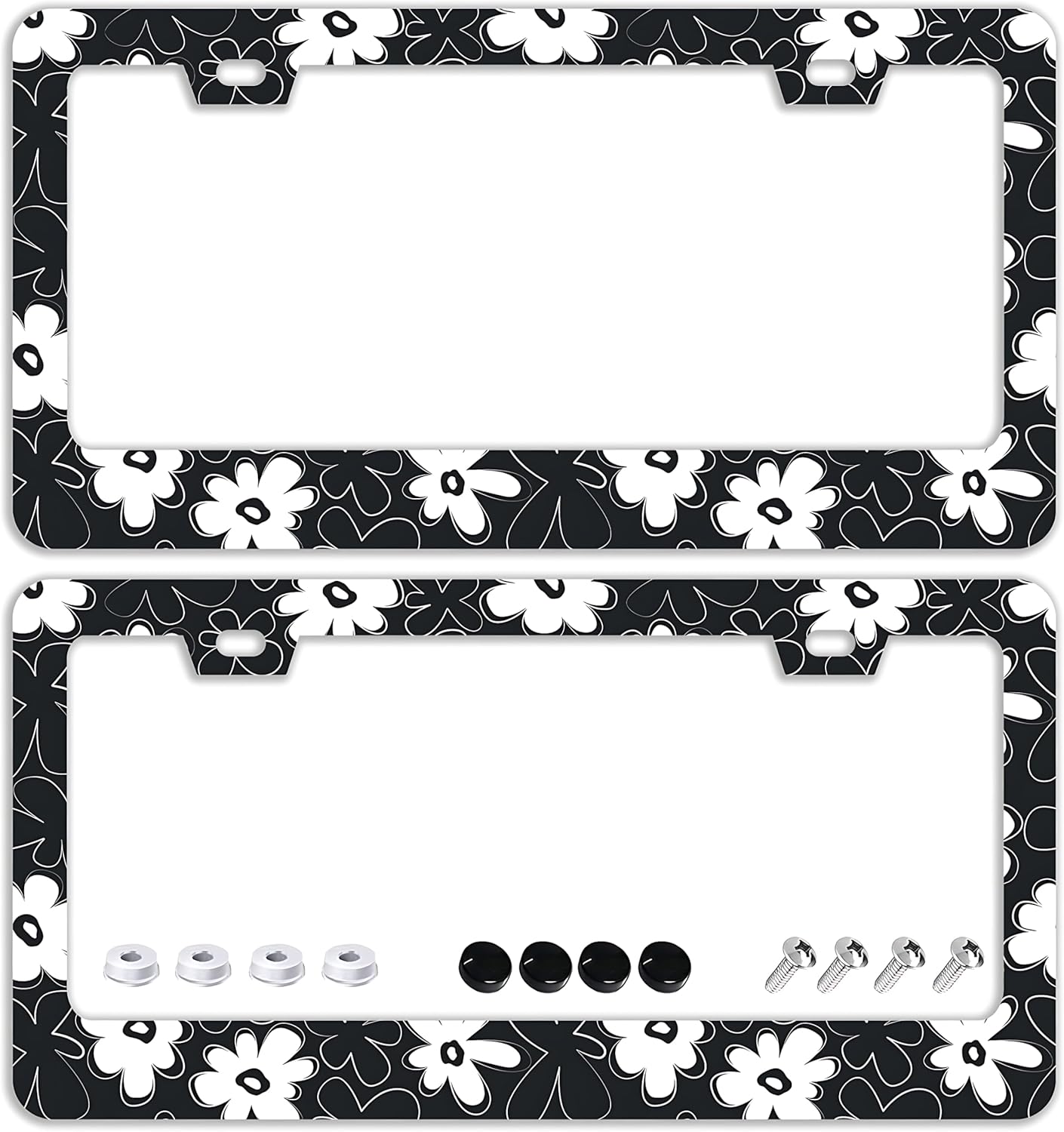 Black and White Flowers License Plate Frames - 2 Pcs Set 2 Holes Stainless Steel Metal Auto Car Accessories Decoration License Plate Frame Cover Size 6.3" x 12.2" Fit US Vehicles for Women Men Gift