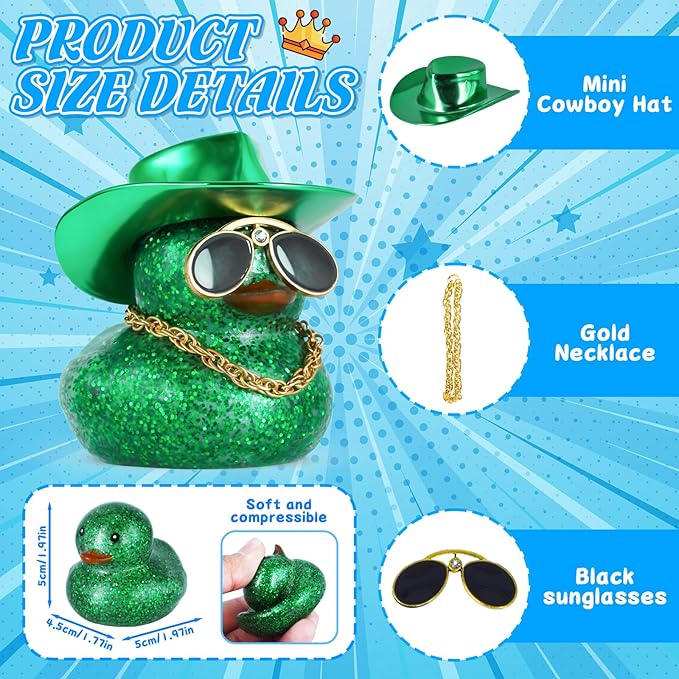 BOZILY Glitter Rubber Ducks with Cowboy Hat & Diamond Sunglasses - Car Dashboard Decor for Adults, DIY Accessory with Gold Necklace and Double-Sided Tape, Green, Squeaky Sound Decoration