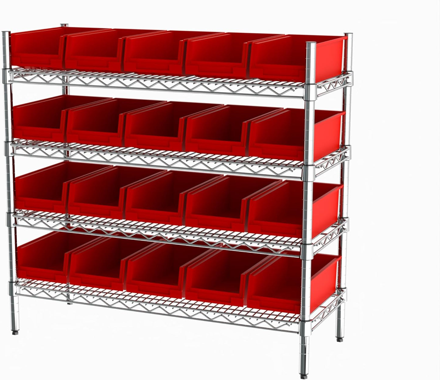 Hudson Exchange 36x14x33, 4-Tier (20 Bins Included), Industrial Wire Shelving Unit with Storage Shelf Bins, Chrome Rack (Red)