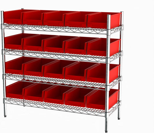 Hudson Exchange 36x14x33, 4-Tier (20 Bins Included), Industrial Wire Shelving Unit with Storage Shelf Bins, Chrome Rack (Red)