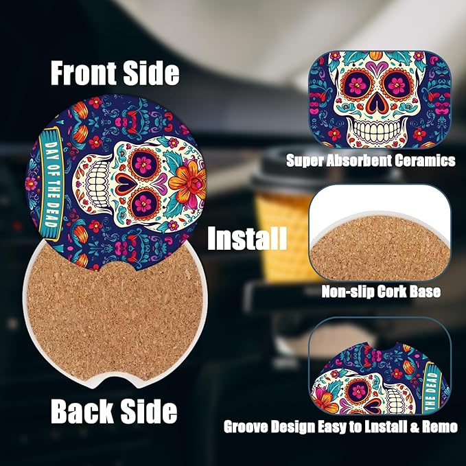 Car Cup Holder Coaster - Sugar Skull Absorbent Ceramic Coaster, Dia de Los Muertos Drink Cup Holder Coasters, Auto Interior Accessories, Drink Cup Holder Coasters for Women & Men Pack of 2