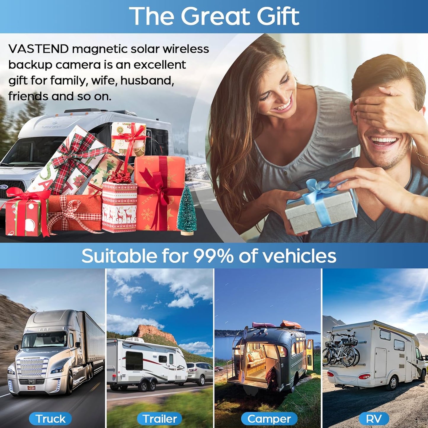 2 Magnetic Solar Wireless Backup Camera Built-in 10000mAh Battery & Solar Panel HD1080P 7" DVR Monitor 1Min DIY Installation Rechargeable Reverse Camera System for Hitch Towing Travel RV 5th Wheel