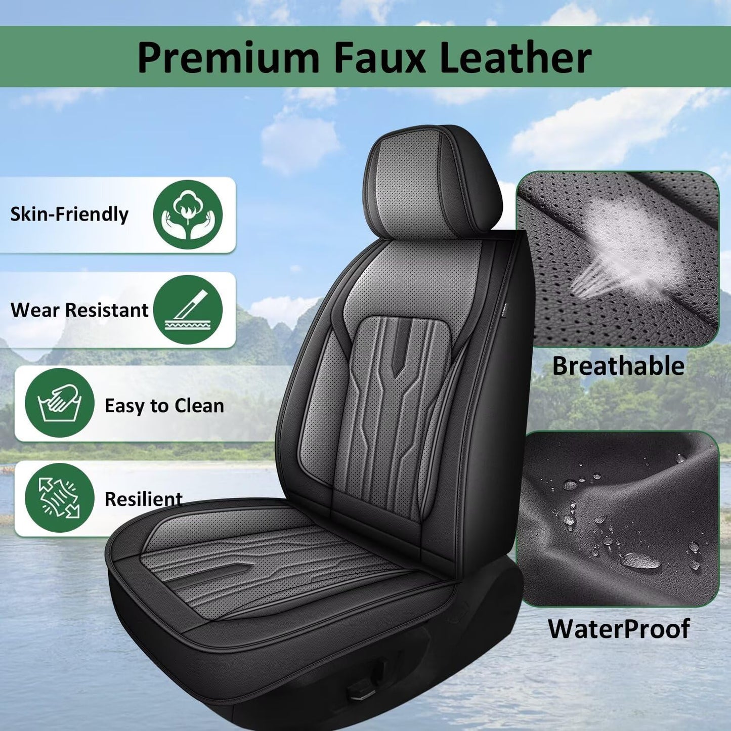 YORKENIC Fit for Hyundai Kona Seat Covers Front Set 2018-2024 2025: Breathable Leather Car Seat Covers Compatible Airbag (2 Front Set, Black & Grey)