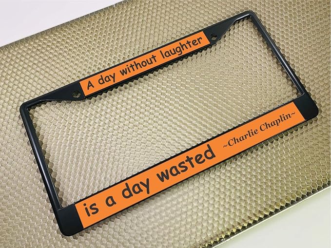 Custom Personalized Black Powder-Coated Metal Laser Engraved Standard Size - Car/Automobile License Plate Frame with Free caps - Orange/Black Text (Qty: 1 Frame)
