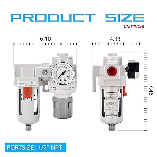 NANPU 1/2" NPT Compressed Air Filter Regulator Combo Piggyback, 5 Micron Element, Poly Bowl, Semi-Auto Drain, Bracket, Gauge (ARF4000)