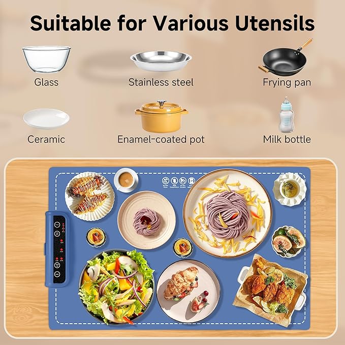 Food Warming Mat- Foldable Warming Mat for Food with Adjustable Temperature Control Time Moders Locking Function Electric Warming Tray for Parties,Home,Travel,Buffet Blue