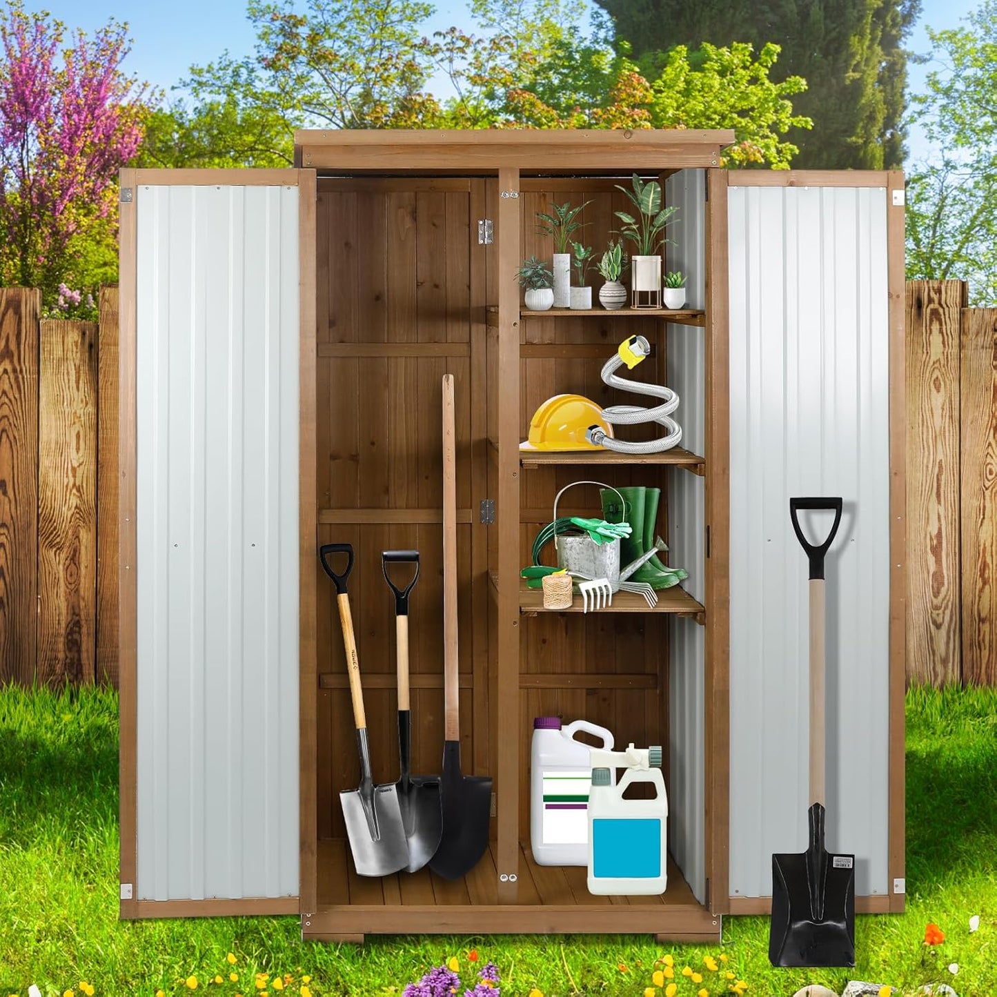 Outdoor Storage Cabinet Wood & Metal, Tall Tool Shed with Weatherproof, Double Lockable Doors, Removable 3 Shelves, Adjustable Feet for Patio, Garden, Backyard, Lawn, 32" x 15.5" x 66" (Brown)