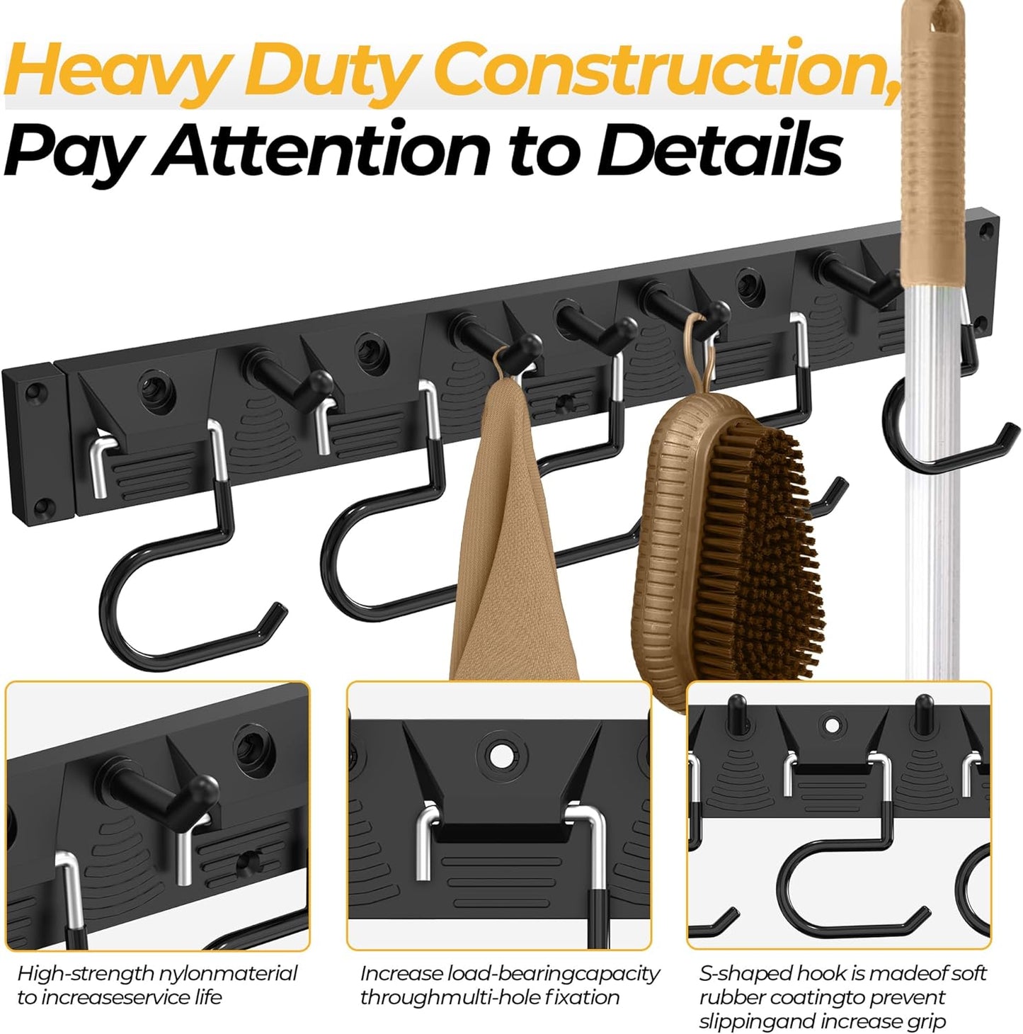 51 Inch Garden Tool Organizer Wall Mount with Non Slip Rubber Coated Metal Hooks, Storage Rack for Indoor/Outdoor Shovel, Rake, Mop and Broom Holder Wall Mount （ 15 Hooks+15 Holders