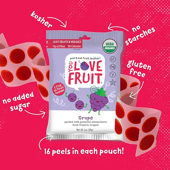 YOU LOVE FRUIT - GRAPE All Natural Fruit Snacks, Healthy Snack Pack, Real Fruit! Gluten Free, Non GMO, Vegan, Fiber packed, Low Fat, Kosher, Variety Pack, Great For Adding To Gift Box, 1.0 oz (Pack of 12)