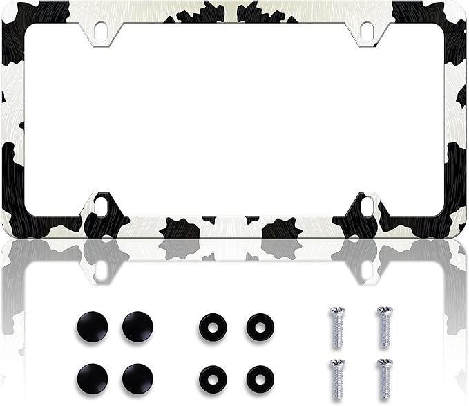 Cow Print License Plate Frame Animal License Plate Frames Personalise Stainless Steel Funny Design Compatible with Standard License Plate Holder for USA and Canada 6 X 12 with Screws