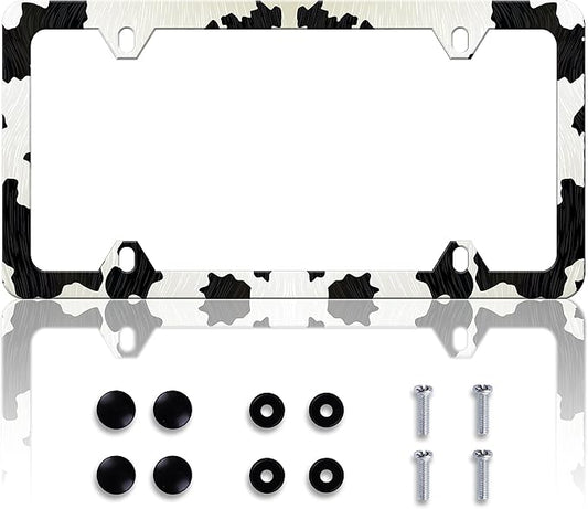 Cow Print License Plate Frame Animal License Plate Frames Personalise Stainless Steel Funny Design Compatible with Standard License Plate Holder for USA and Canada 6 X 12 with Screws