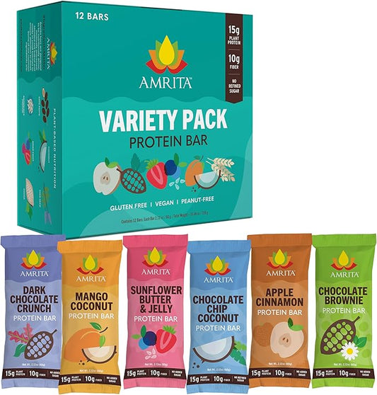 Amrita Nut Free Vegan Protein Bars 6 Flavor Variety Pack ( 12 Count ) | 15g Plant-Based Protein Bar | Peanut-Free, Gluten Free, and Dairy-Free | No Added Sugar, High Fiber, Healthy Snacks for Kids/Adults