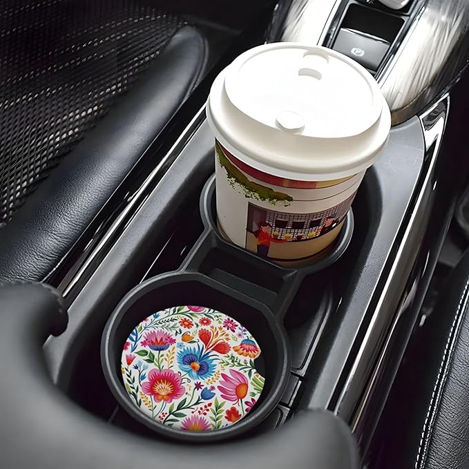 ABLESKY Car Coasters for Cup Holders, 2 Pack Absorbent Anti Slip Car Cup Holder Coasters, 2.56 Inch Ceramic Universal Size Auto Interior Accessories Women Men-Retro Flowers Colorful