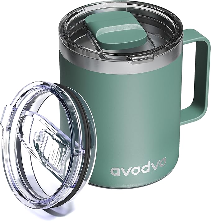 12oz Insulated Coffee Mug with Lid – Includes Two Lids, Stainless Steel Coffee Travel Mug with Handle, Double Wall Vacuum Insulated Camping Mug for Home, Office & Outdoor, Sage Green