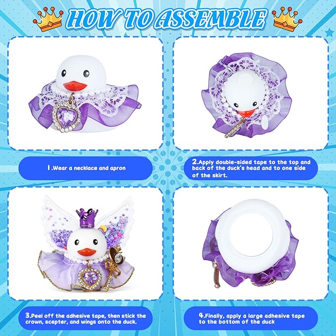 White Queen Rubber Duck Car Ornament with Purple Crown, Crystal Necklace, Magic Wand & Star Wings - Funny Dashboard Decor Includes Adhesive Stickers
