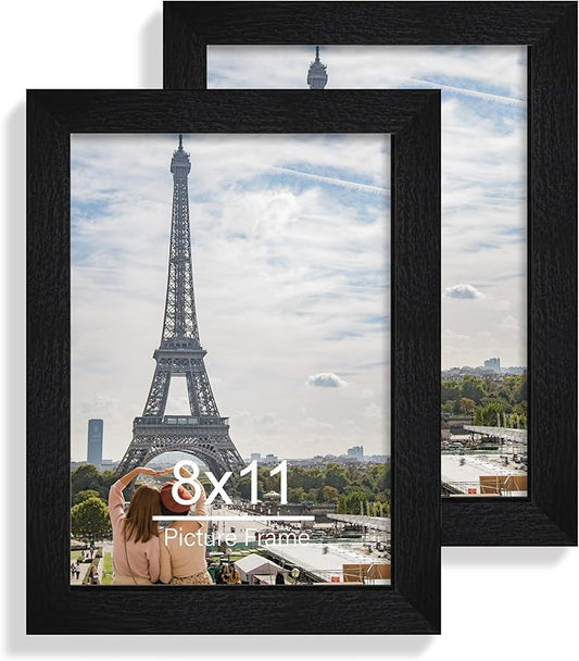 8x11 Picture Frame Set of 2, Made of Real Glass and Rustic Black Wooden Frame - 8 by 11 Photo for Wall or Tabletop Display