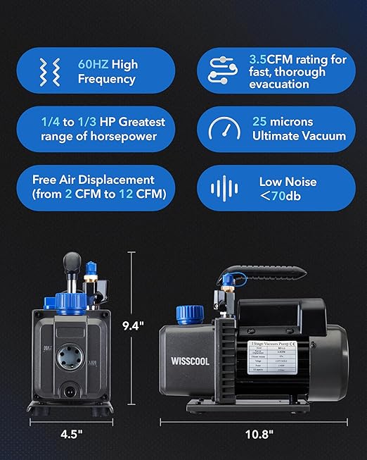 3.5CFM AC Vacuum Pump and 3 Way Gauge Set, 110V 1/4 hp HVAC Air Vacuum Pump Manifold Gauge Kit with 3 Hoses Adapters Accessories Carry Bag for R134a R12 R22 R502 Refrigeration Auto Systems
