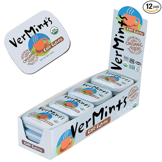 VerMints Organic Breath Mints Café Express - Real Ingredients, Lasting Coffee Flavor - Travel Size Tins - Non-GMO, Nut Free, Gluten Free, Vegan & Kosher Coffee Candy - .63oz/18g (Pack of 12)