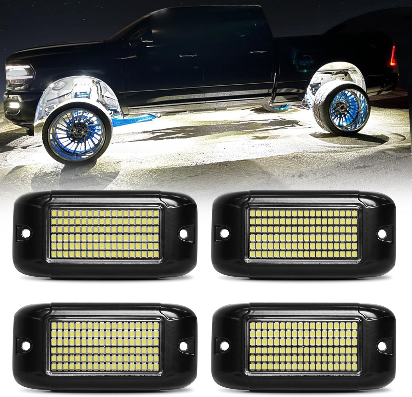 Nicoko 108 High-Power LEDs per Pod 4Pods Pure White Rock Lights Ultra-Bright Offroad Underglow Kit Advanced Heat Dissipation IP68 Waterproof for Truck, SUV, UTV, ATV, RZR