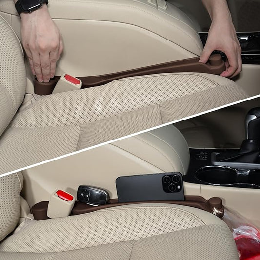 Car Seat Gap Filler Set of 2, 3IN1 Seat Side Gap Filler Plug with Storage Slot & Hook Function, Soft Foam Universal Fit Car SUV Truck Fill Gap Between Seats Console Organizer（Narrow Brown）