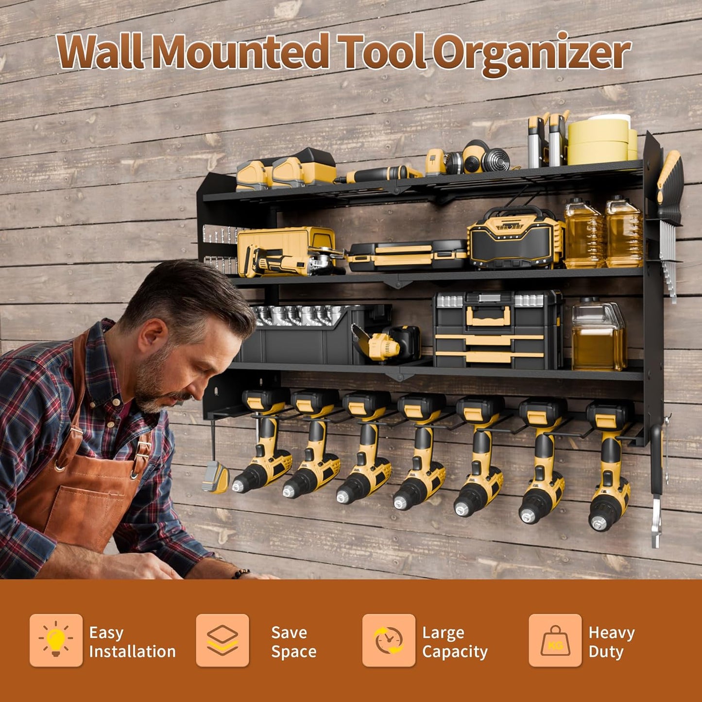 NINAT Heavy Duty 4-Tier Wall Mount Tool Organizer Rack - 7 Drill Holders, 150lb Capacity for Power Tools, Cordless Drills | Garage, Workshop, Shed & Basement Storage Solution