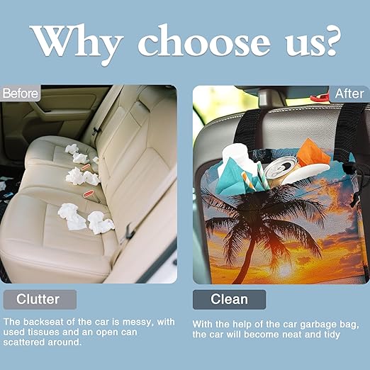 Seaside Sunrise Car Trash Bag,Coconut Tree Strap Drawstring Car Garbage Bags,Car Back Seat Organizer with Adjustable Buckle for Car Accessories