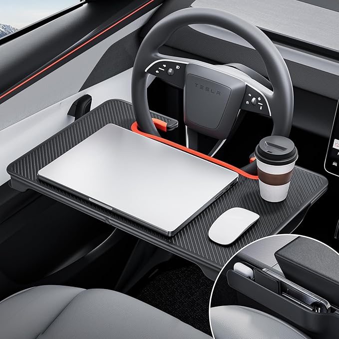 YONZEE 2-in-1 Car Steering Wheel Desk Tray & Car Seat Gap Filler Organizer ??Foldable Carbon Fiber Look Table for Laptop, Eating, Writing ??Universal Fit for Most Vehicles Orange