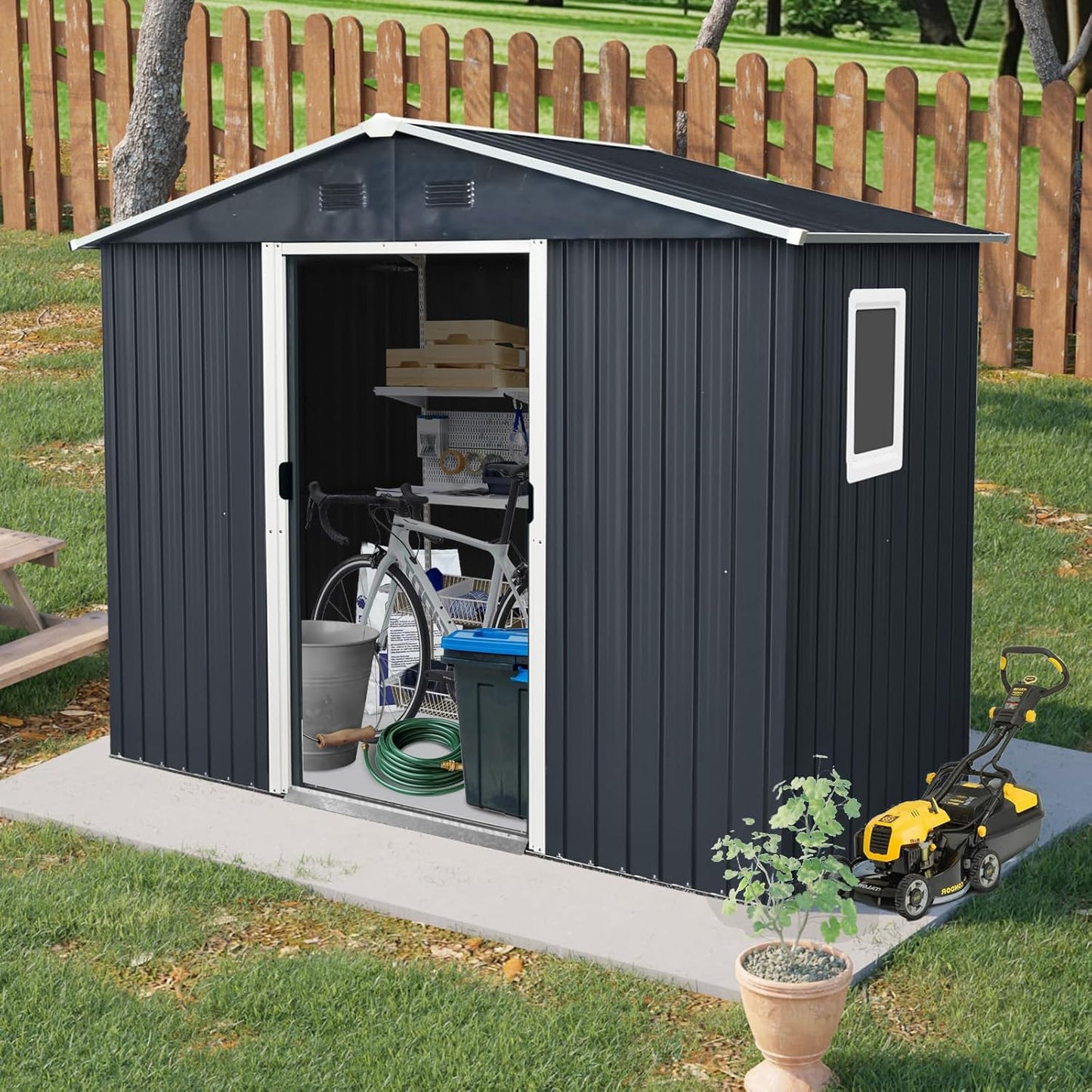8x4 FT Outdoor Storage Shed,Metal Shed with Window & Floor,Garden Shed W/Air Vent & Lockable Sliding Door,All Weather Waterproof Tool House W/Sloped Roof,for Backyard,Patio,Lawn,Black+White