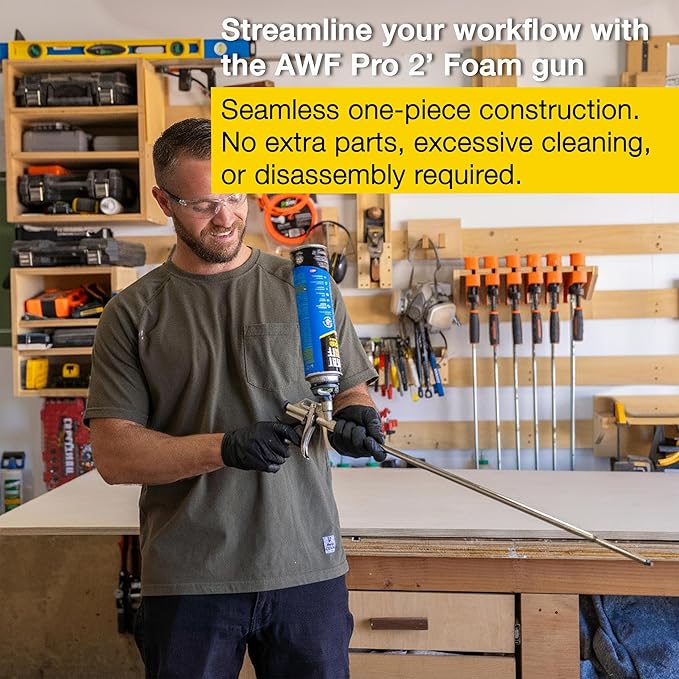 AWF PRO Spray Foam Gun – 2' Long Nozzle, High Precision, Adjustable Flow Control, Contractor-Grade Pro Applicator for Insulating Foam Sealant, Full PTFE Coated