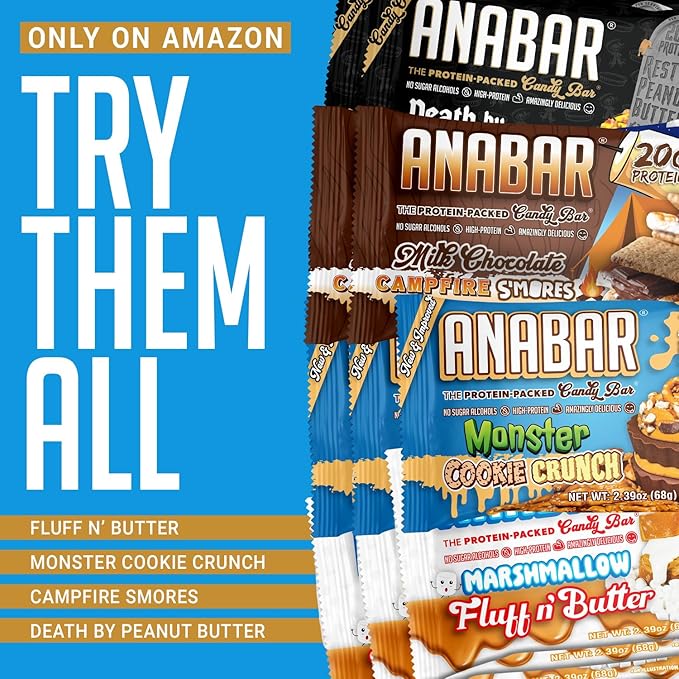 Anabar Protein Bar, The Protein-Packed Candy Bar, World's Best Tasting Protein Bar, No Sugar Alcohols, High Protein, Amazingly Delicious, 20 Grams of Protein (12 Bars, Variety Pack)
