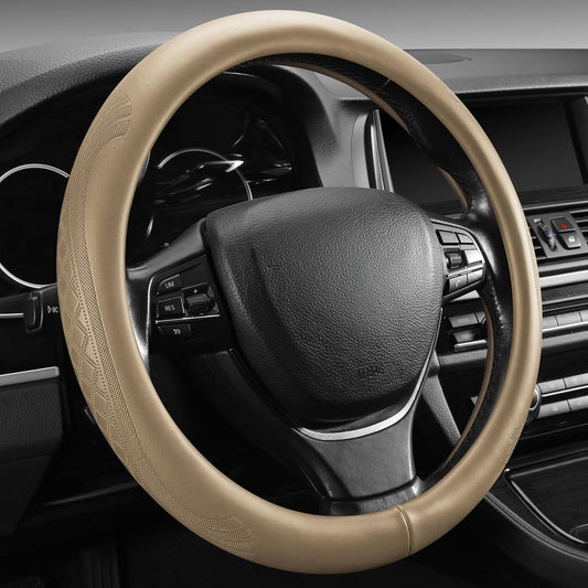 【2025 Model】 High-Grade Real Cowhide Steering Wheel Cover for Men Women，Beige Genuine Leather Steering Wheel Cover for Cars,Universal 14.5-15 inch Steering Wheels,Grid & Square Motif